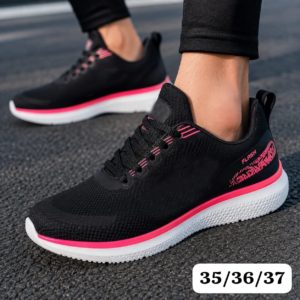 Tênis Feminino Preto e Rosa Confortável Corrida
